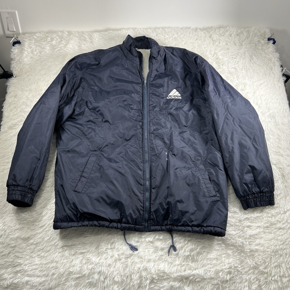 Vintage Adidas Jacket XXL Mens Navy Nylon Sherpa Lined Stadium 3 Stripe USA Made
